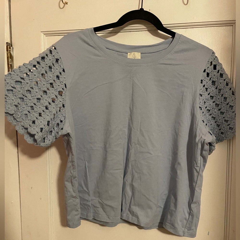 Blue/periwinkle top with crochet sleeves